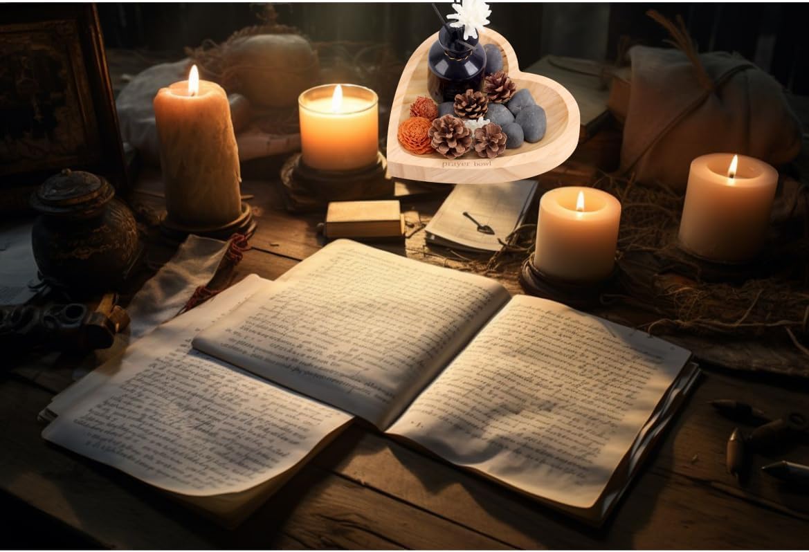 Wooden Prayer Bowl with 24 Blessing Cards, Heart Shaped Bowl with Engraved Cross and Text, Enhance Home Decor or Prayer Room Ambiance(Dark Yellow)