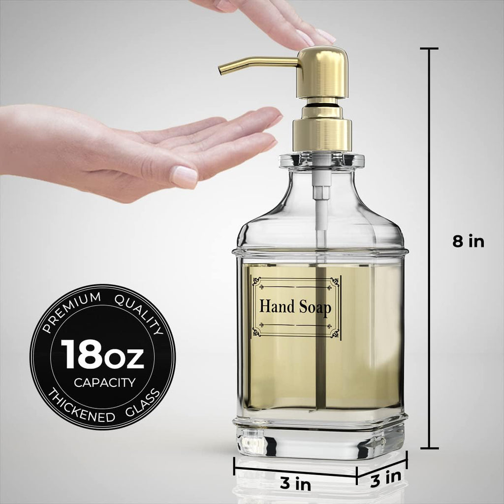 GLADPURE Soap Dispenser - 2 Pack, 18 Oz Antique Design Thick Glass Hand Soap Dispensers; with 304 Rust Proof Stainless Steel Pump, 6Pcs Clear Stickers, for Kitchen, Bathroom - Gold