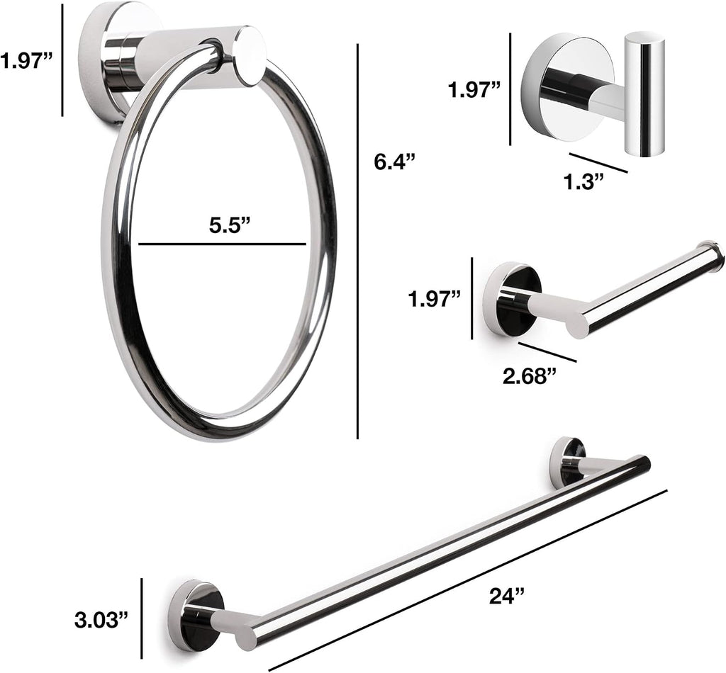 MARMOLUX ACC Bathroom Hardware Set Towel Racks 4 Pieces Hand Towel Ring Holder-Toilet Paper Holder-Towel Hook-Towel Bar Heavy Duty Wall Mount Bathroom Accessories SUS 304 Stainless Steel Mirror Finish