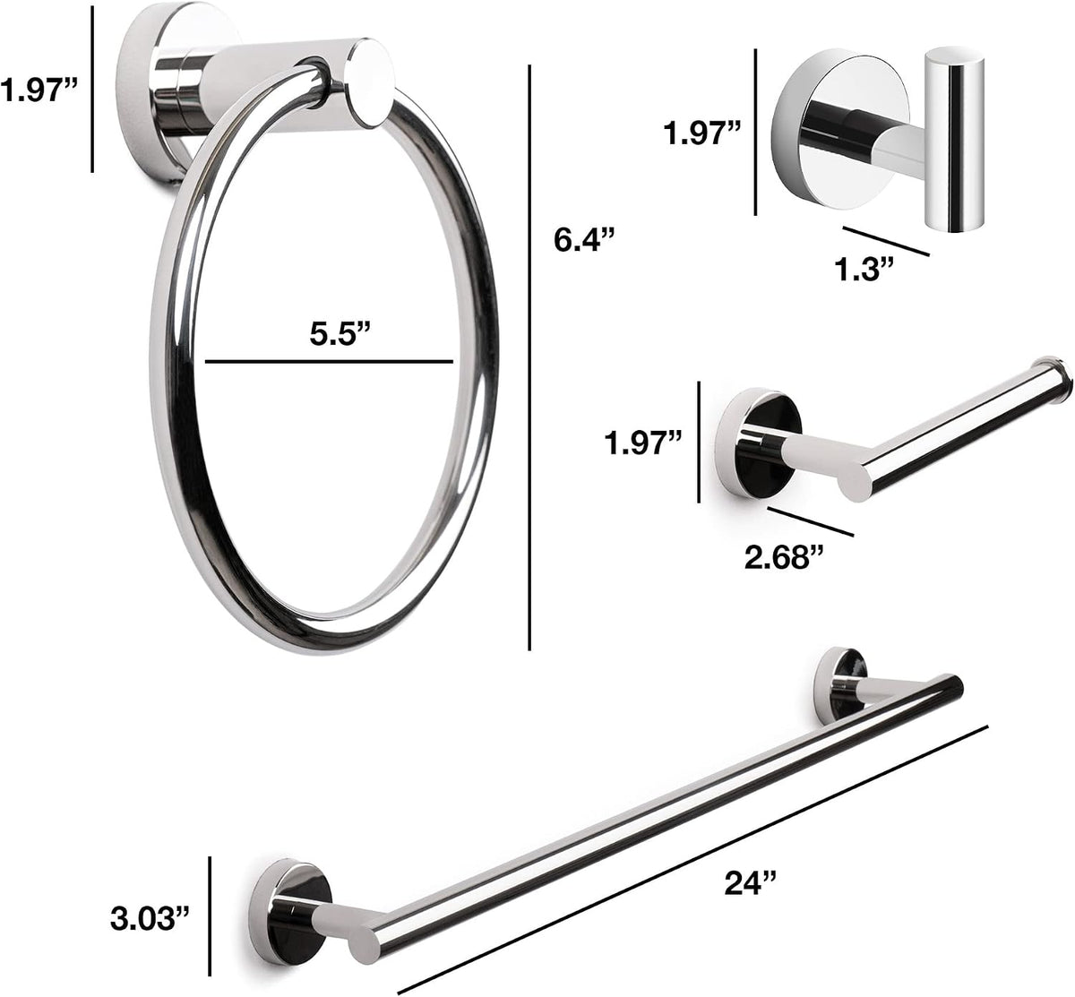 MARMOLUX ACC Bathroom Hardware Set Towel Racks 4 Pieces Hand Towel Ring Holder-Toilet Paper Holder-Towel Hook-Towel Bar Heavy Duty Wall Mount Bathroom Accessories SUS 304 Stainless Steel Mirror Finish