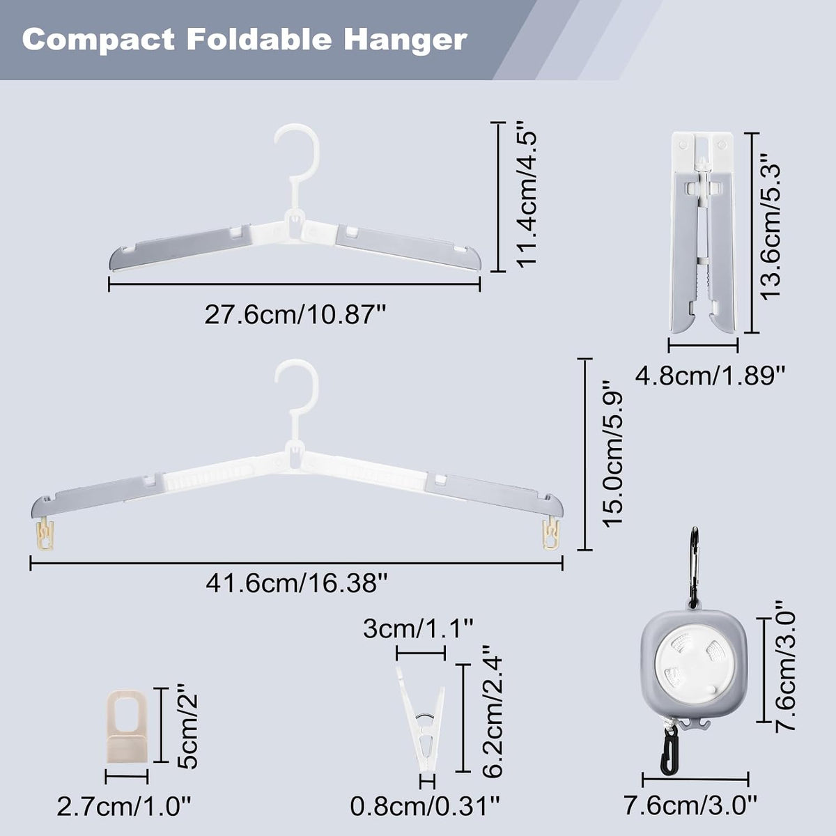 6 Pack Fodable Travel Hangers with Clips & Adjustable Clothesline, Portable Collapsible Hangers with Storage Bag for Suitcase, Hotel, RV, Cruise Essentials Set (Grey)