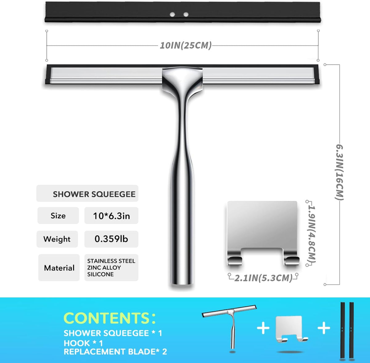 All-Purpose Shower Squeegee with Adhesive Hook for Cleaning Bathroom Glass Doors Car Window Mirrors and Tile Wall, Stainless Steel Handheld Glass Water Wiper Cleaner Removal Scraper Tool (Sliver, 10")