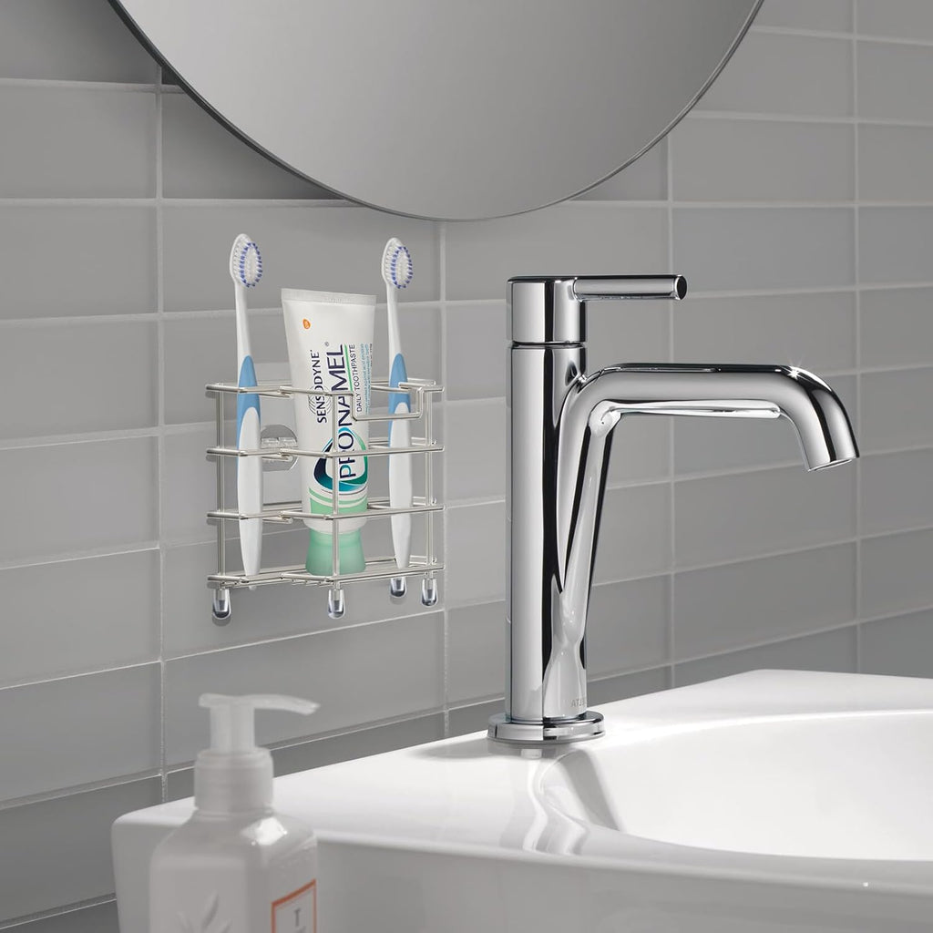 Linkidea Stainless Steel Self-Adhesive Toothbrush Holder, Countertop/Wall Mount 3 Slots Toothpaste Stand Organizer Compatible with Colgate Extra Clean, Oral-B CrossAction (Brushed Nickel)