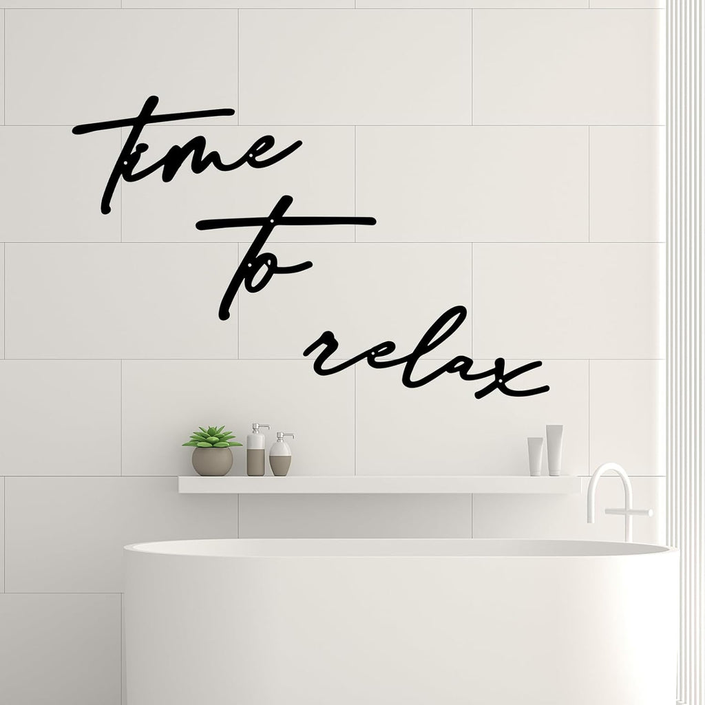 KINMAD Time to Relax Metal Wall Decor - Modern Black Bathroom Wall Art for Spa and Home