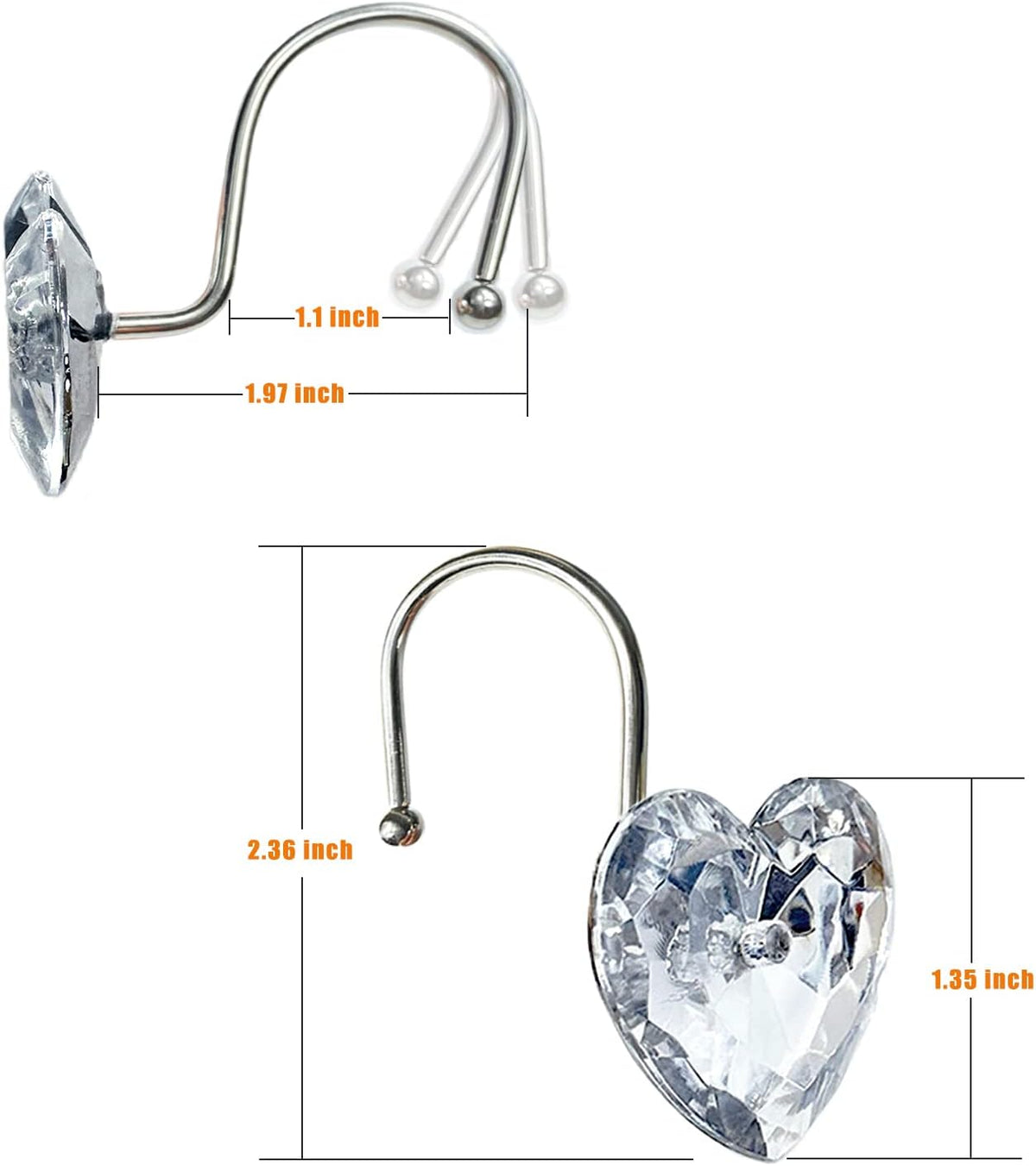 Romantic Angels 12PCS Shower Curtain Hooks Rings for Bathroom, Stainless Steel Rust Resistant Decorative Rhinestones Shower Curtain Hooks for Shower Curtains and Shower Rod (Silver Heart)