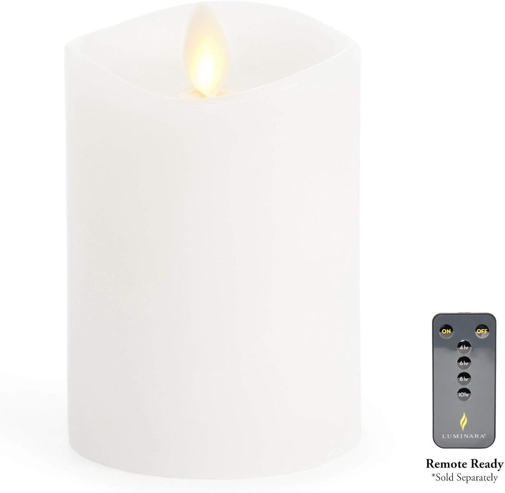 Luminara Flameless Pillar Candle, Small (4.5 inches, Unscented) Real-Flame Effect, Melted Edge, Real Wax, Smooth Finish, White, LED Battery-Powered Candle