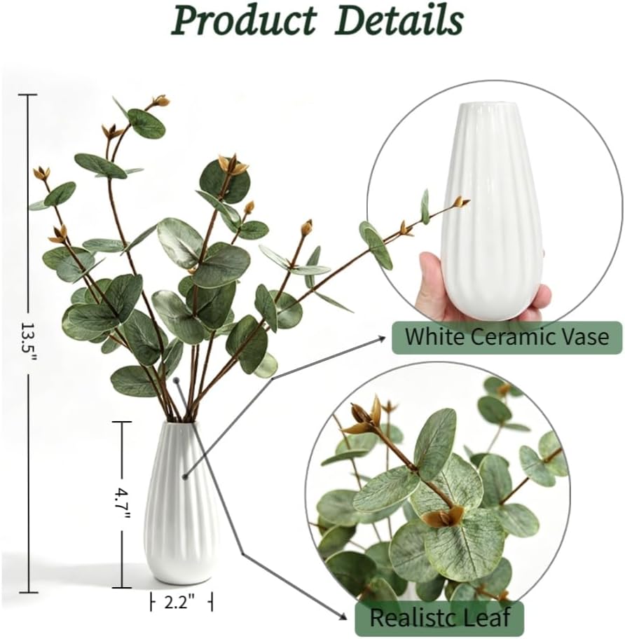 Artificial Eucalyptus Stems with Ceramic Vase for Home Decor,Sage Green