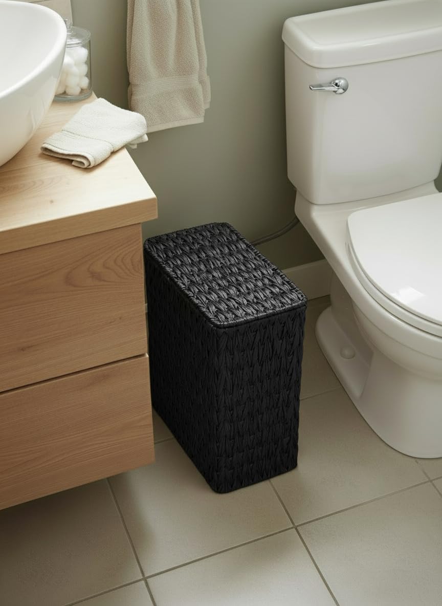 Wicker Trash Can with Lid & Liner, Small Bathroom Waste Basket, Black