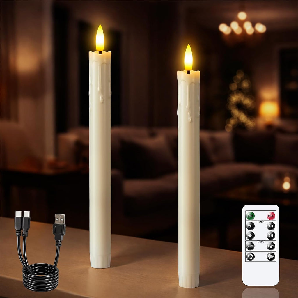 Rechargeable Flameless Timer Remote Taper Candles, 2pcs 0.86" x10" LED Flickering Dripping Wax Window Tall Fake Ivory Plastic Candlesticks(USB Charging Cable Included)