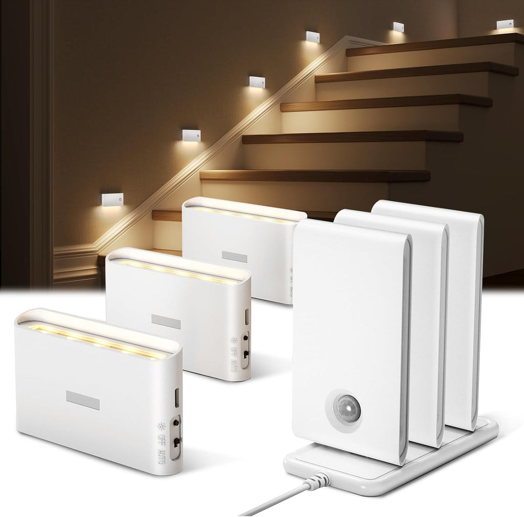 EZVALO 6 Pack Motion Sensor Night Lights with Charging Station, Sync LED Stair Lights Indoor, 1500mAh Rechargeable, Magnetic & Dimmable, 3000K Soft White, Portable Nightlight for Hallway, Stairs