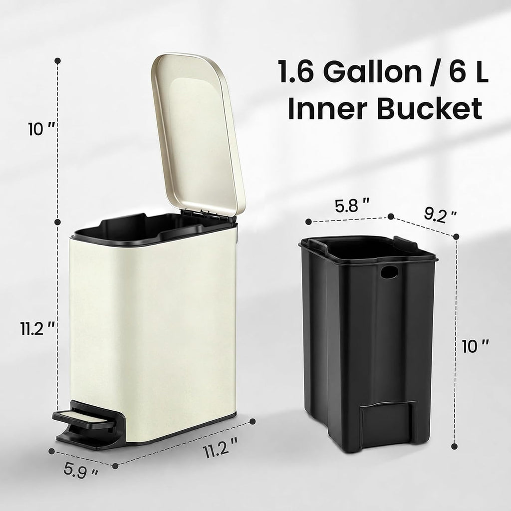 TIPGO Small Bathroom Trash Can with Lid, 1.6 Gal, Soft Close, Cream