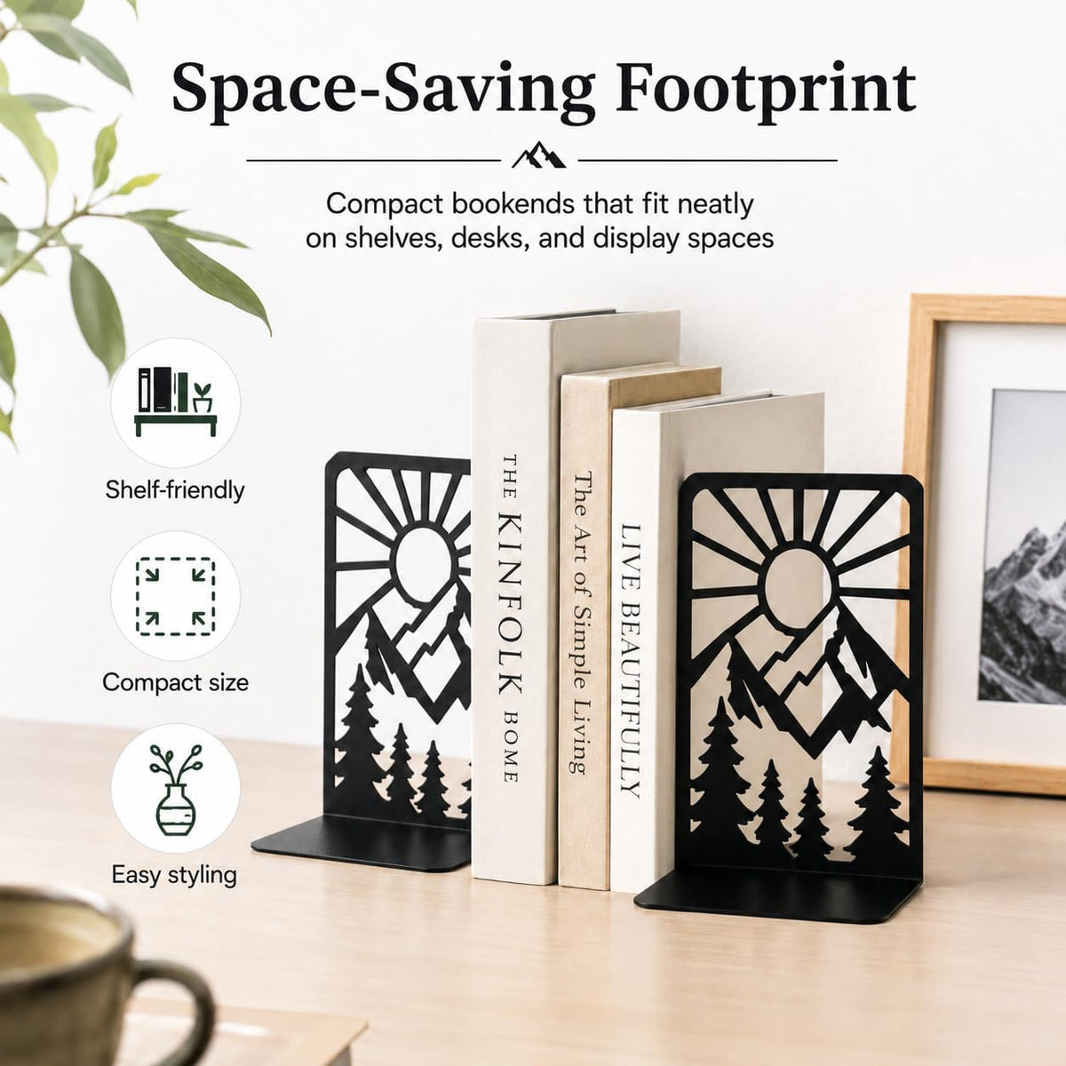 Mountain and Forest Sunrise Bookends, Set of 2 (1 Pair), Matte Black Metal Book Ends for Shelves, Bookshelf, Desk and Home Library Decor