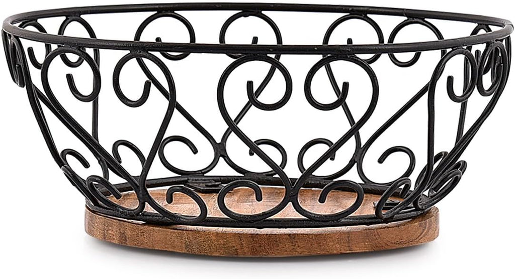 EDHAS Iron Fruit Bowl With Wooden Base for Kitchen Countertop & Dining Room and Pantries (9" x 9" x 4")