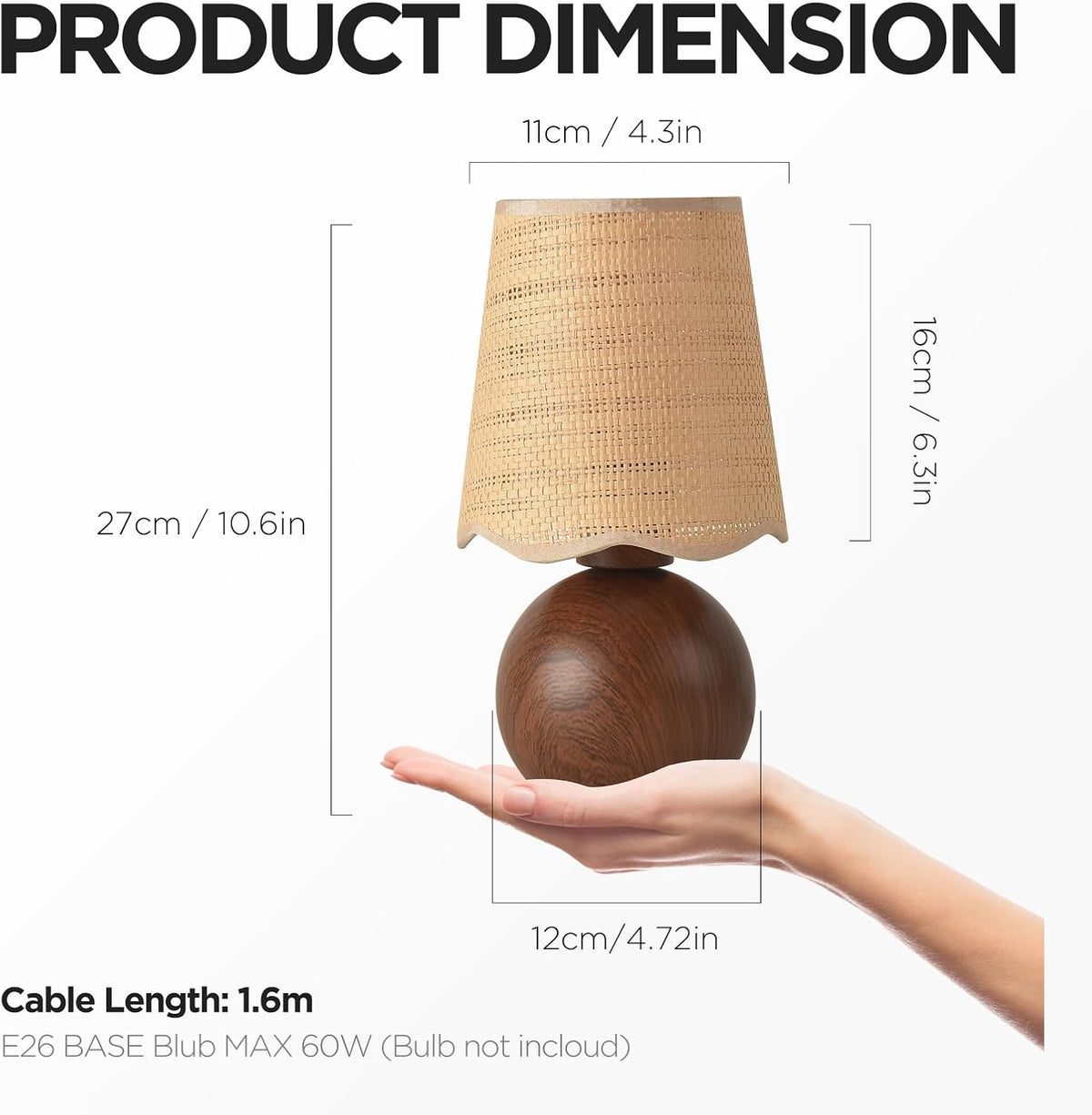 Minimalist Rattan Table Lamp, 11' Height, Woven Lampshade & E26 Socket Metal Base