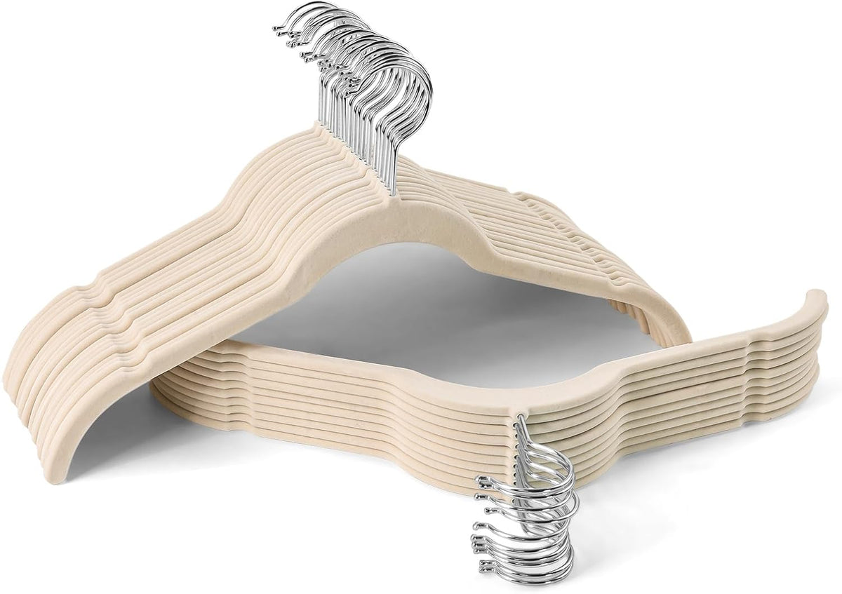 Beige Velvet Shirt Hangers 30 Pack, Slim Non-Slip Flocked Hangers