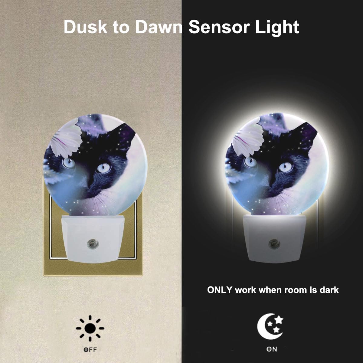 EKOBLA Cat and White Flower Night Light, Plug in Wall Light with Sensor