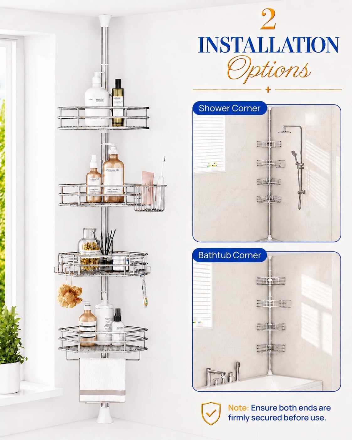 SEIRIONE Rustproof Corner Shower Caddy Tension Pole for Bathroom Storage
