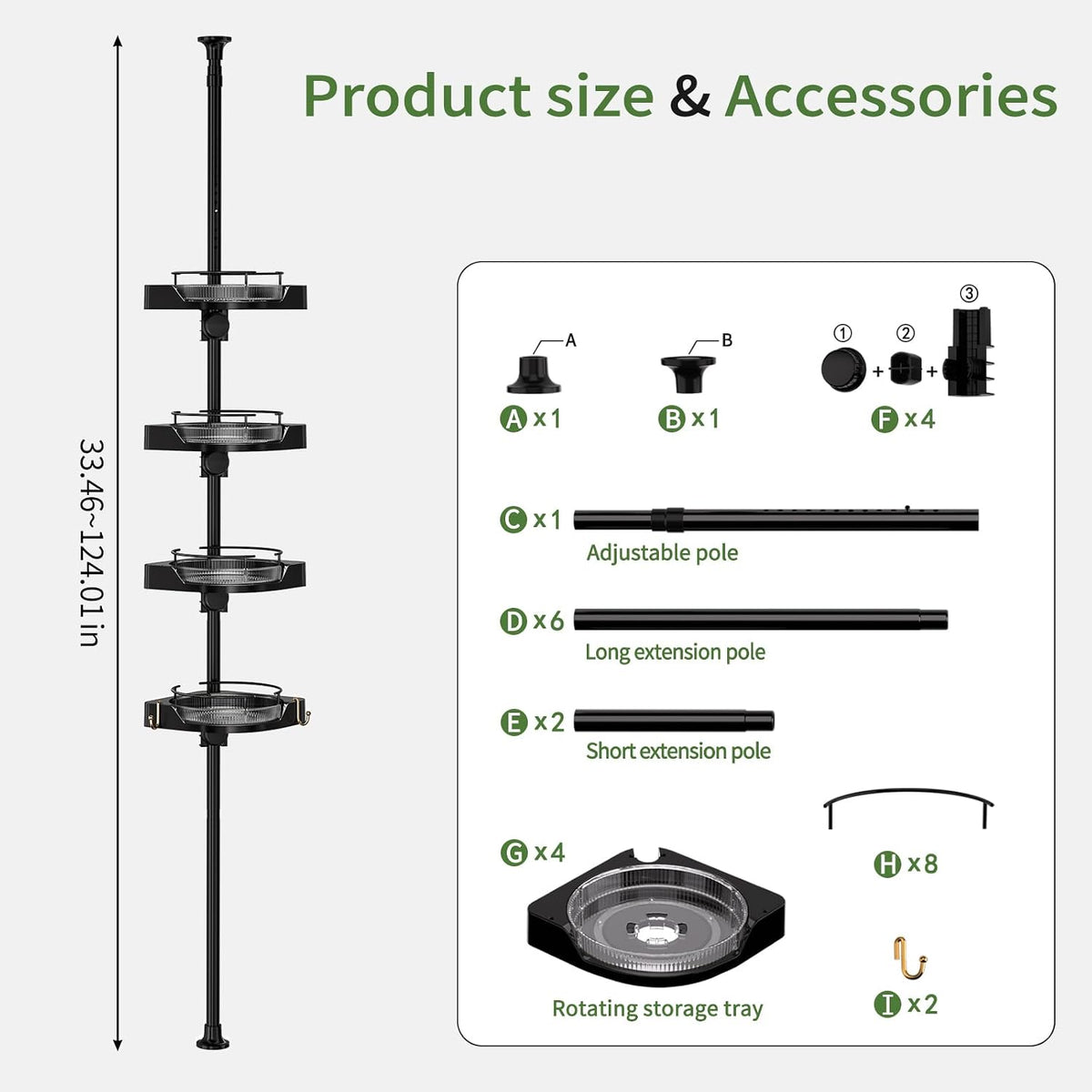 YCIA&DONE 360° Rotating Corner Shower Caddy Tension Pole, 4 Tiers Shower Organizer for Bathroom Shelf Bathtub, Adjustable Standing Shower Rack, Easily Assemble, 34-124 Inch Height, Black