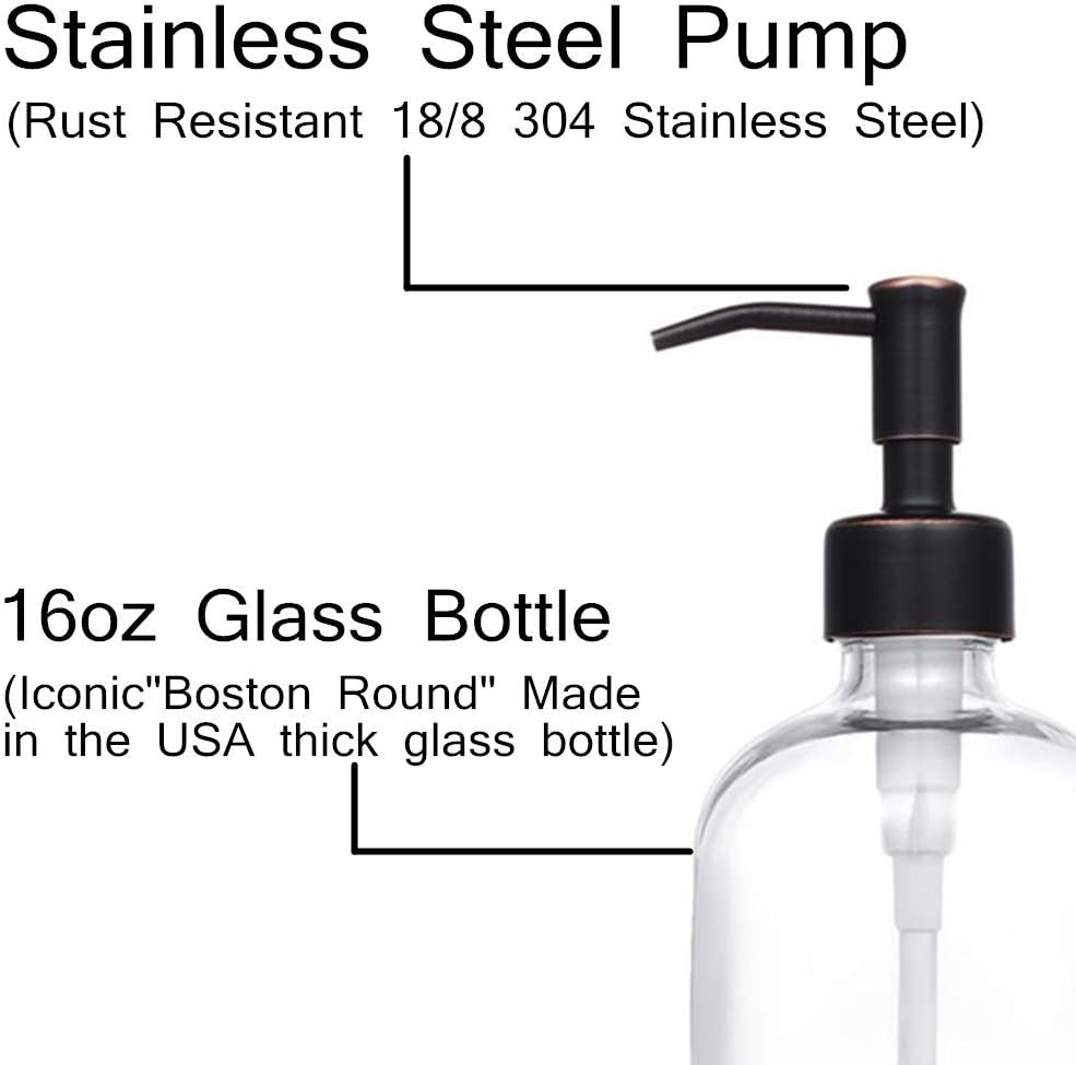 2 Pack Thick Clear Glass Pint Jar Soap Dispenser with Oil Rubbed Bronze Stainless Steel Pump, 16ounce Clear Boston Round Bottles Dispenser with Rustproof Pump for Essential Oil, Liquid Soap