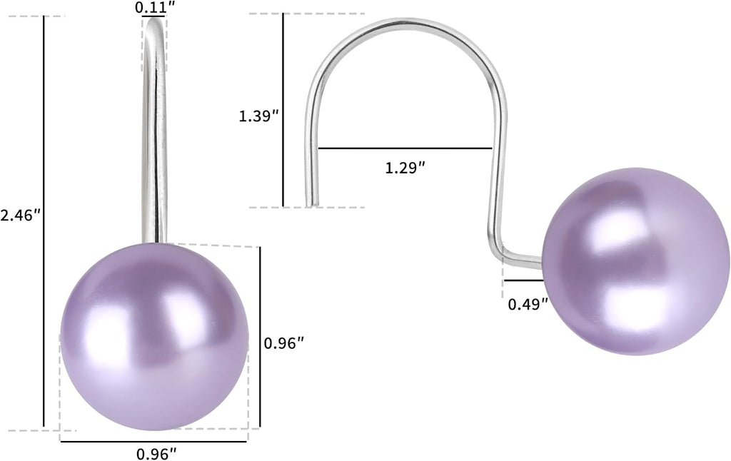 Pearl Shower Curtain Hooks, 12PCS Stainless Steel Anti Rust Artifical Pearl Decorative Shower Curtain Hooks Cute Theme Shower Curtain Hooks for Bathroom Bedroom Room Decor (Purple)