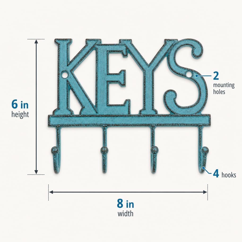 Comfify Rustic Blue Cast Iron Key Holder for Wall – Keys Sign with 4 Hooks