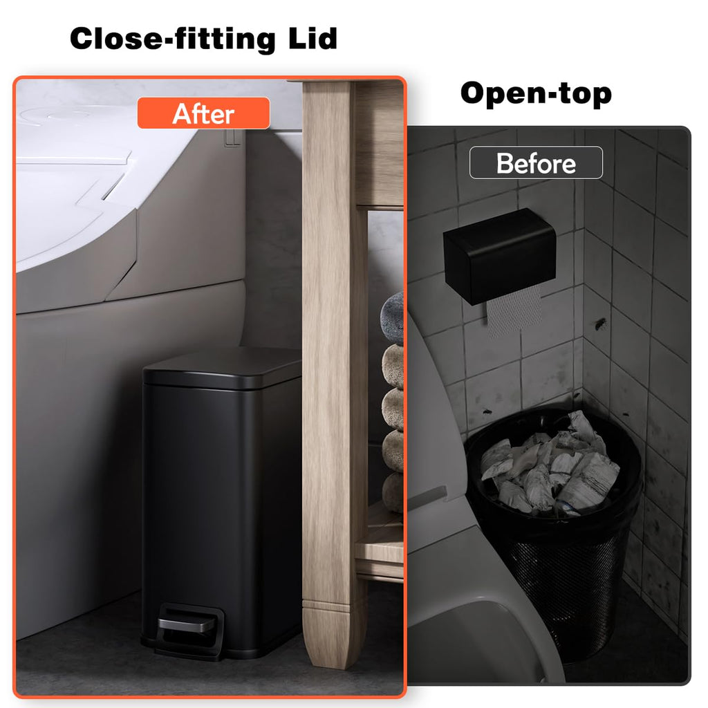 Slim Bathroom Trash Can with Lid Soft Close, 1.6 Gallon Stainless Steel Garbage Can with Removable Inner Bucket, Durable Step Pedal, Small Trash Bins for Toilet, Bedroom, Kitchen, Office