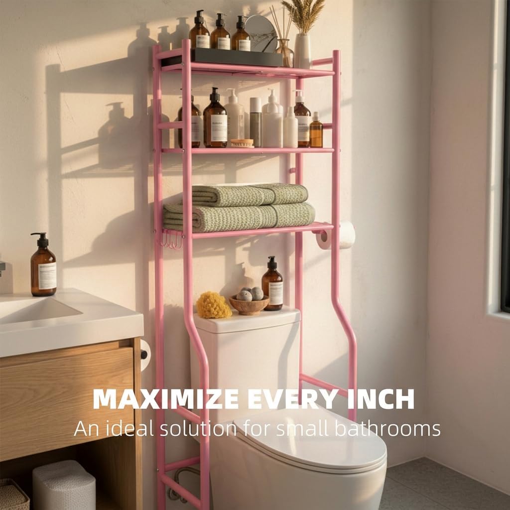 GloTika 3-Tier Over Toilet Storage Cabinet, No Drilling, 64" H, Pink