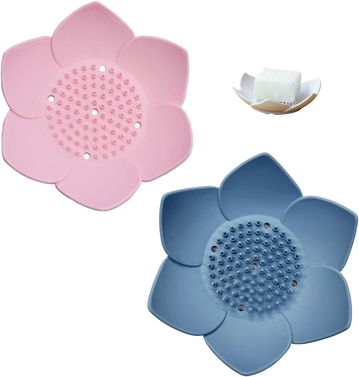 2 Pack Shower Steamer Tray,Flexible Non-Slip Silicone Soap Dish,Lotus Flowers Soap Dish with Drain for Kitchen Bathroom Shower Bathtub Counter (Pink/Blue)