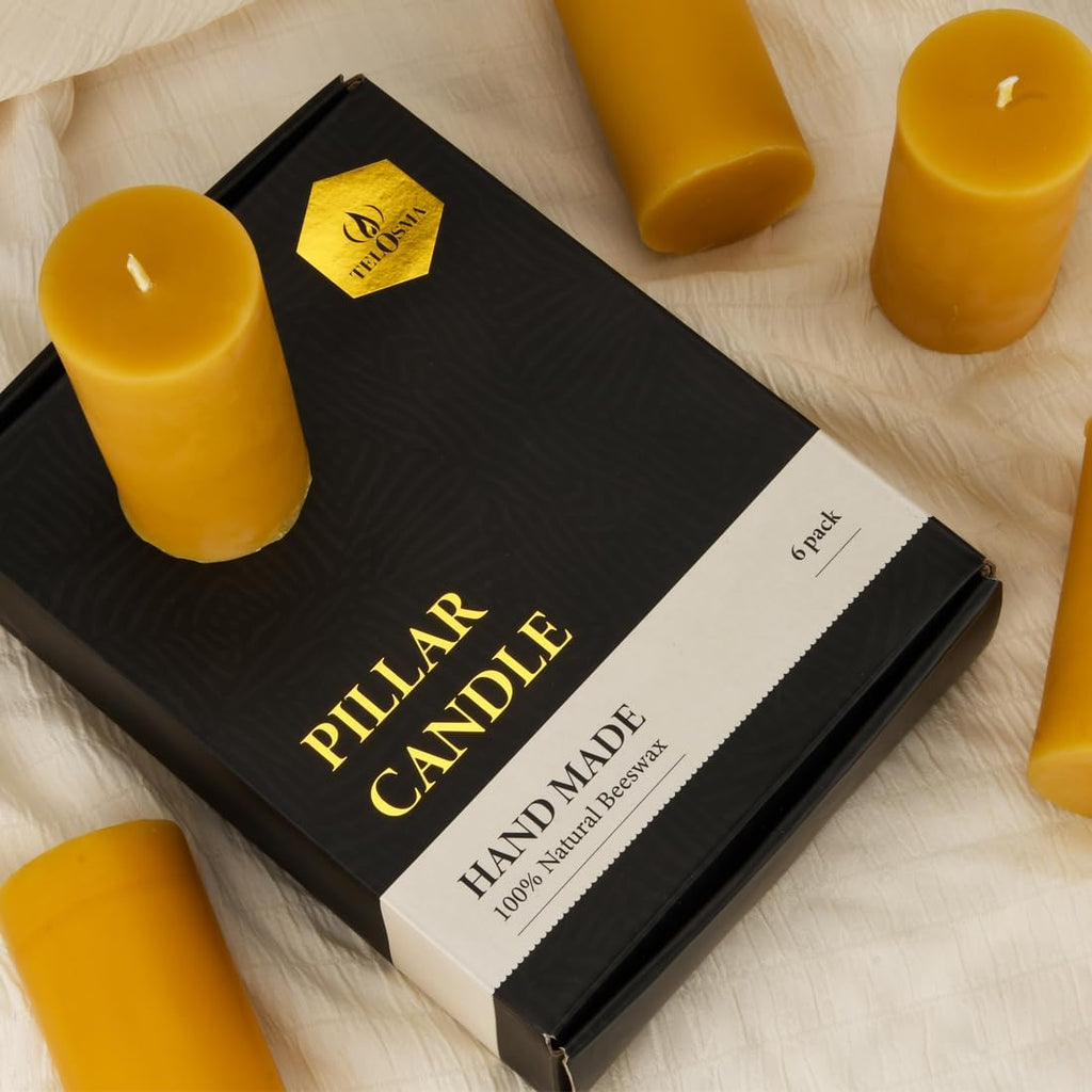 6 Pack 2 inch Thick Natural Beeswax Pillar Candle 4 inch Tall, Yellow