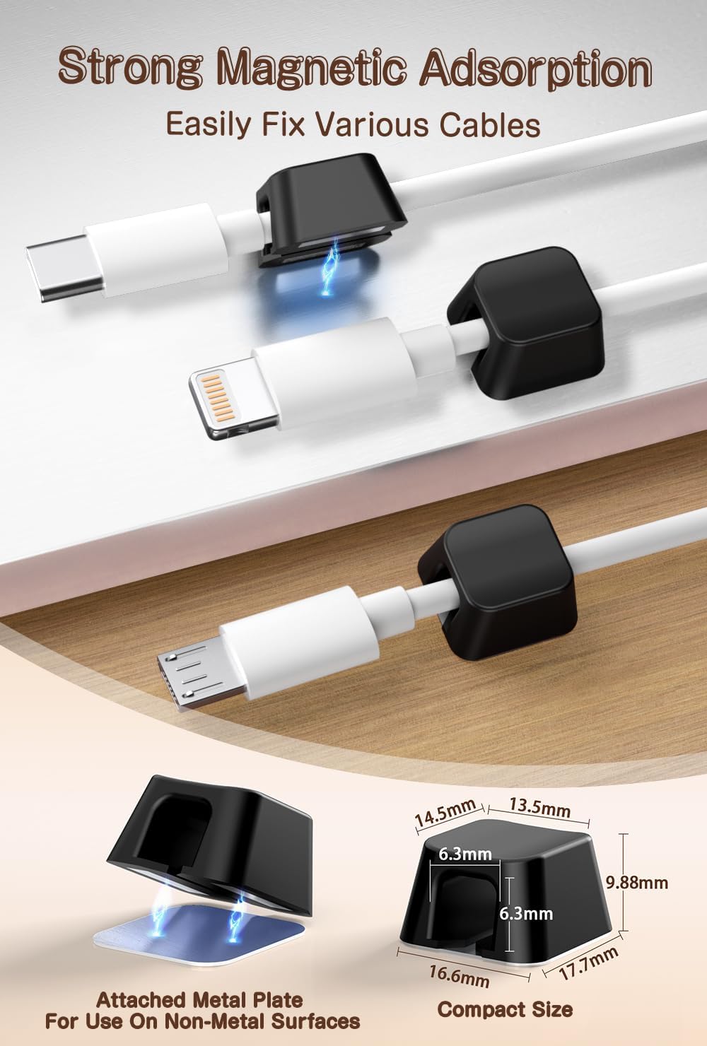 Magnetic Clip for Cords, Maveek 5 Pack Cable Holder Magnet Cord Clips Organizer Desk Wall Metal Table Cable Management for Charger USB C Home Office Car (Black)