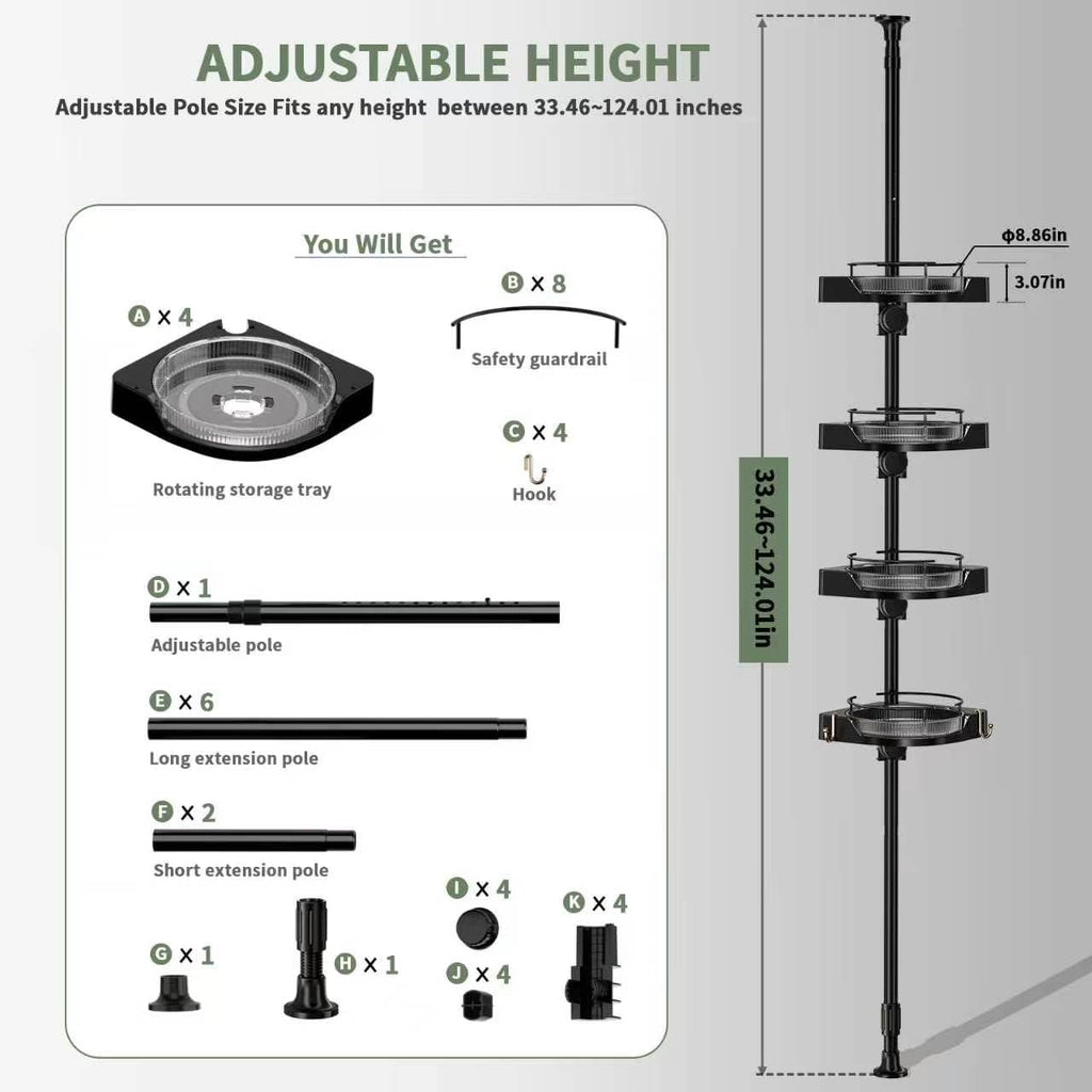 360° Rotating Tension Pole Caddy – 4-Tier Corner Shower Organizer, Height Adjustable 33"–124", Space-Saving for Bathroom, Kitchen Counter, Cabinet Gaps & Bathtub (black)
