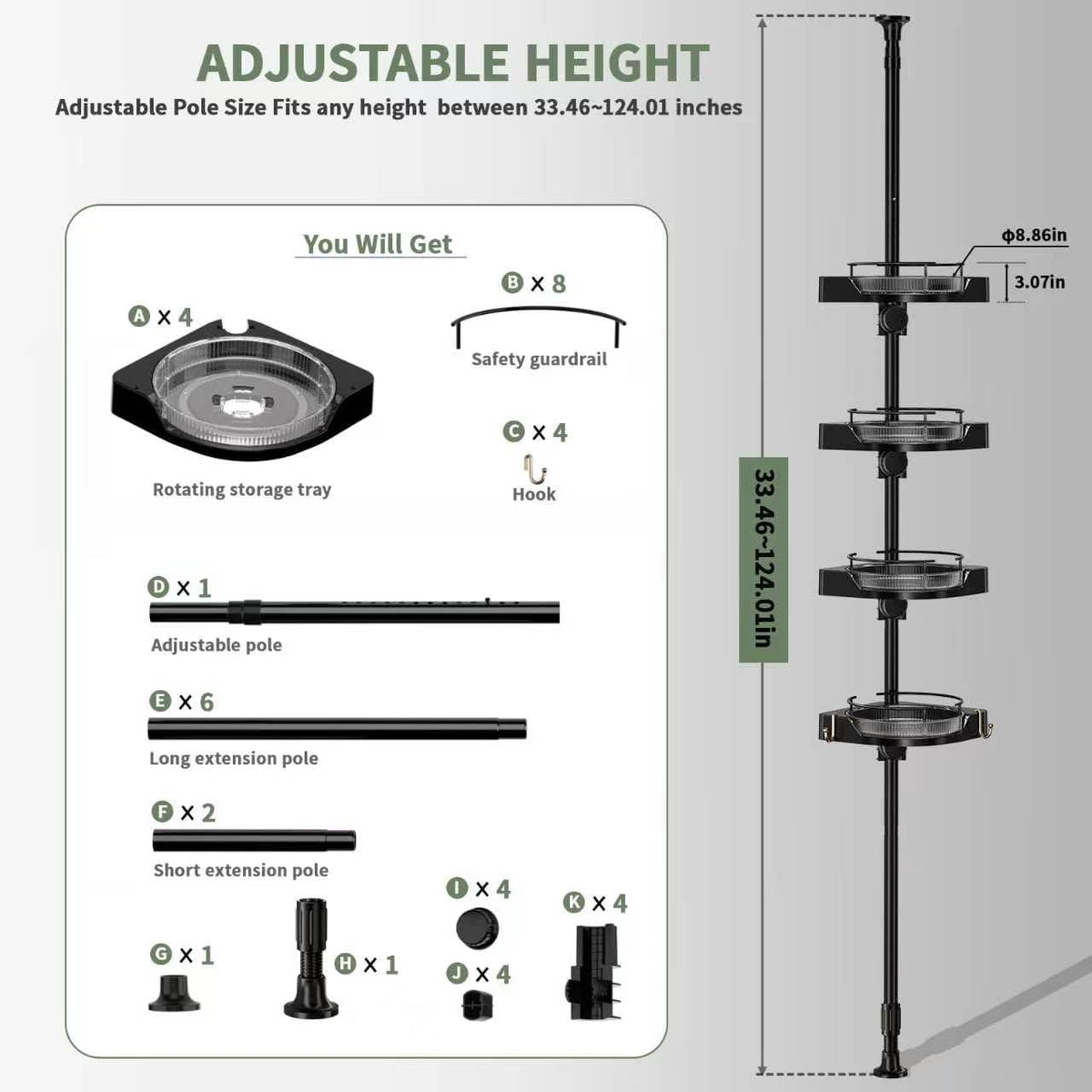 360° Rotating Tension Pole Caddy – 4-Tier Corner Shower Organizer, Height Adjustable 33"–124", Space-Saving for Bathroom, Kitchen Counter, Cabinet Gaps & Bathtub (black)