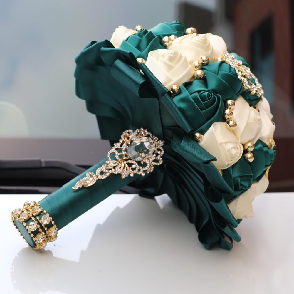 Emerald Green and Ivory Bridal Wedding Bouquet with Gold Brooch Rhinestone Pearl Satin Rose Flower Bouquet for Bride Bridesmaid Quinceanera Wedding Emerald Green and Ivory 7.1in