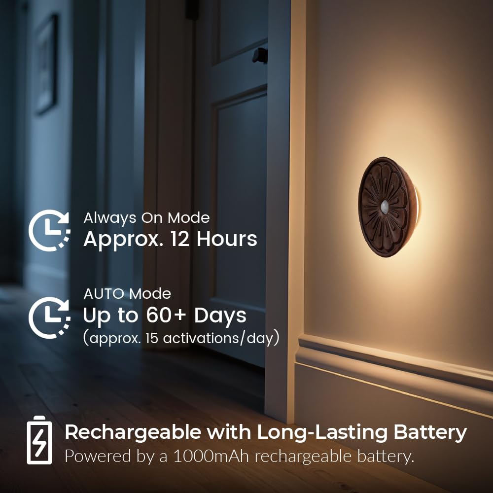 Wood Flower Night Light, Rechargeable Motion Sensor Light
