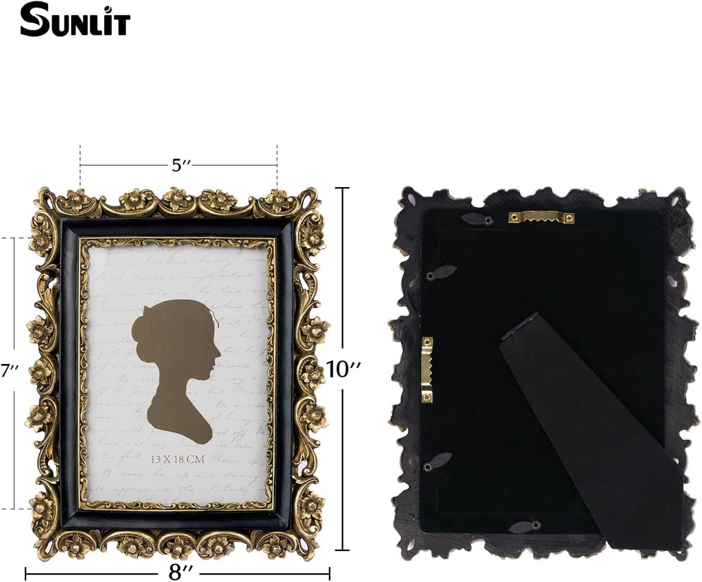 Sunlit Vintage Picture Frame 5x7 Inch, Luxury Antique Photo Frames with Glass Front, Photo Display, Tabletop Wall Hanging, Gift Ideas, Gold and Black