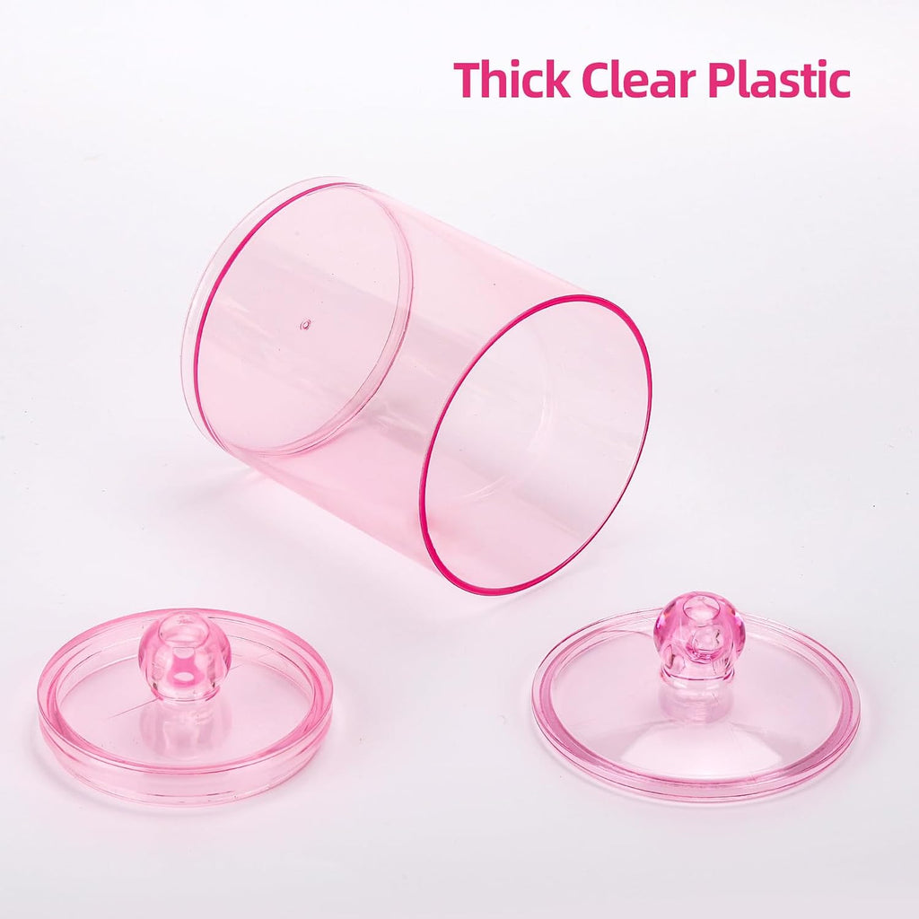 Tbestmax 12 oz & 10 oz Qtip Holder - 4 Pack Restroom Bathroom Organizers and Storage Containers, Pink Plastic Apothecary Jars with Lids for Cotton Swab, Cotton Round Pads, Floss
