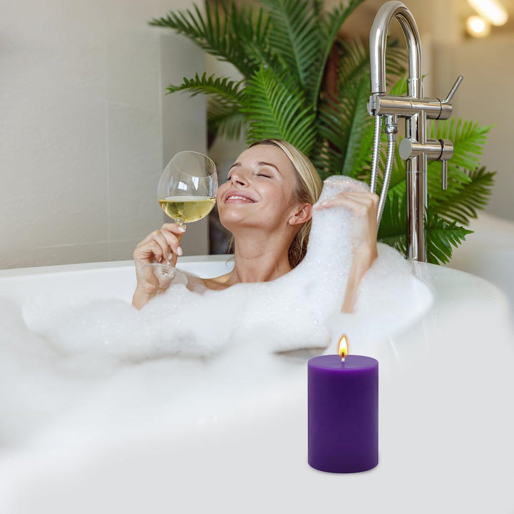 4 Packs 2x3 Inch Purple Pillar Candles, Unscented Small Dripless 24 Hours Solid Colored Column Cylinder Candles for Home Dinner Table Decoration