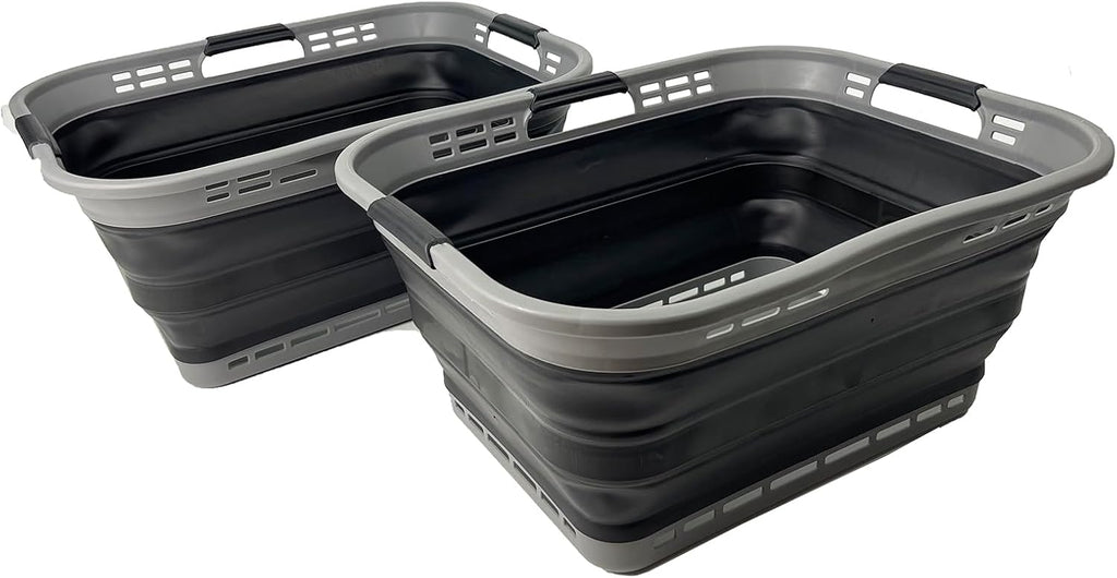 SAMMART Set of 2 Collapsible Plastic Storage Basket - Foldable Pop Up Storage Container - Portable Laundry Organizer - Space Saving Hamper (Grey/Black, 42L (Style A))
