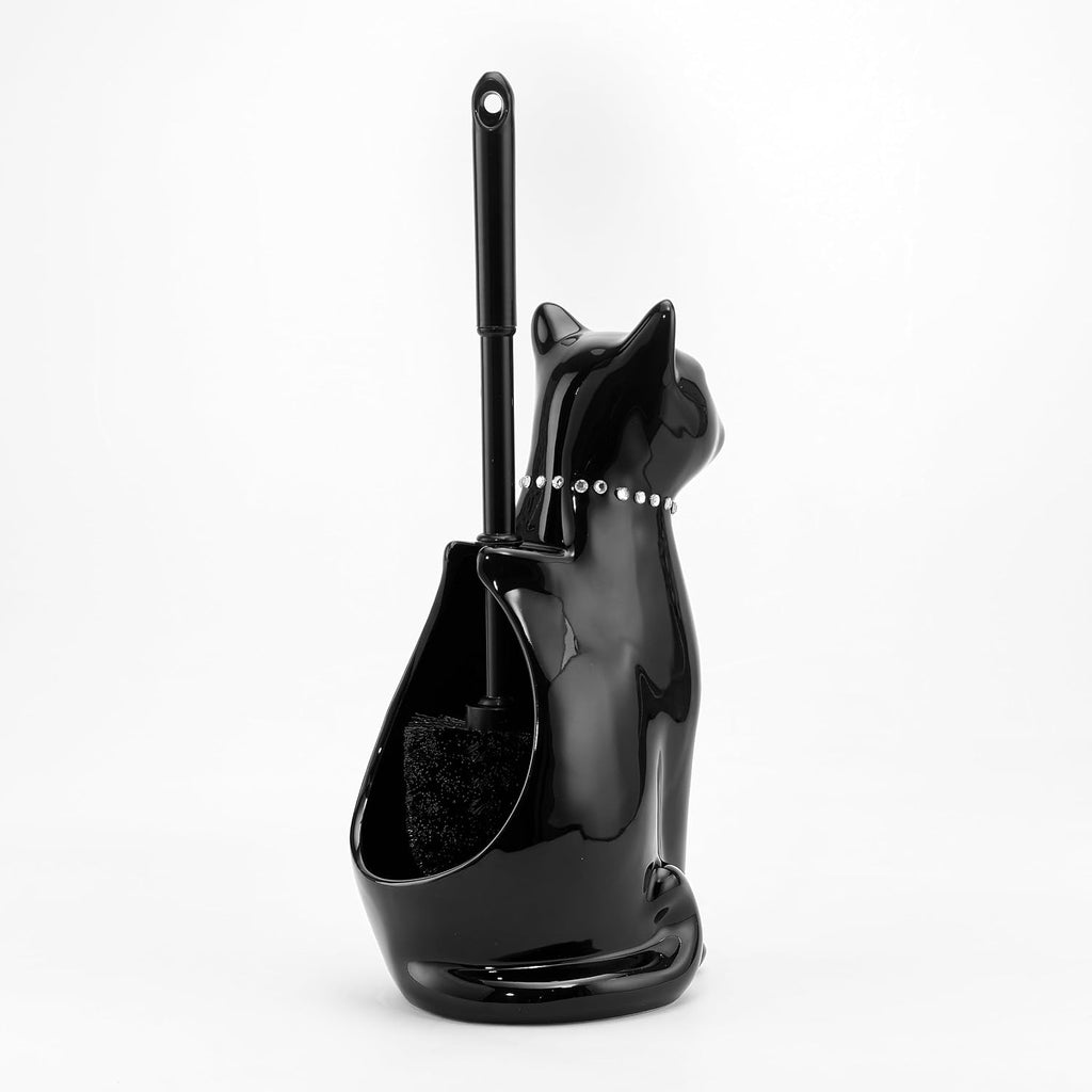 Cat Toilet Brush Holder with 2 Brushes, Ceramic Feline Design Wide-Mouth Storage, Black Toilet Brush Set Freestanding for Bathroom Floor, Easy-Clean Decorative Cat Lover Gift (Black)