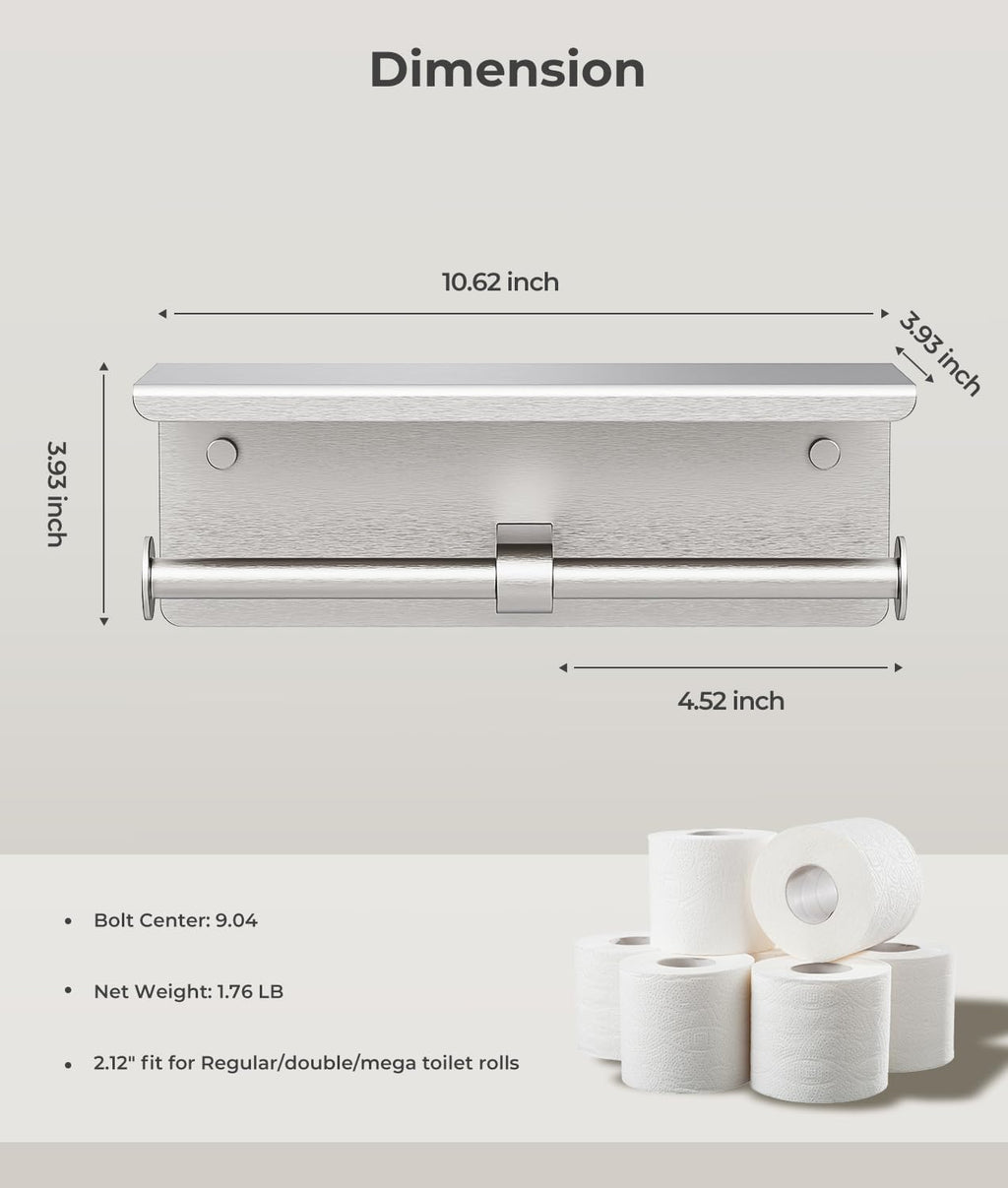 Double Toilet Paper Holder with Shelf, Wall Mount Tissue Roll Holder for Bathroom, 304 Stainless Steel Commercial Toilet Paper Dispenser with Phone Shelf, Brushed Nickel