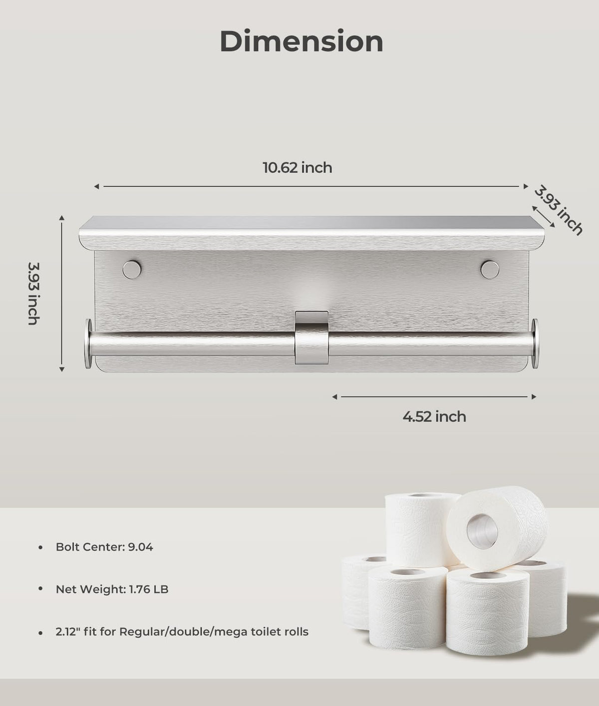 Double Toilet Paper Holder with Shelf, Wall Mount Tissue Roll Holder for Bathroom, 304 Stainless Steel Commercial Toilet Paper Dispenser with Phone Shelf, Brushed Nickel