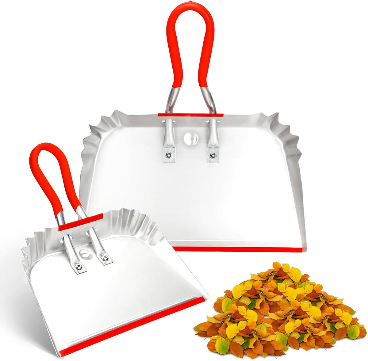 2 Pack Metal Dust Pan 17" and 12", Aluminum Heavy Duty Dust Pans with Non-Slip Rubber Handle, Durable Lightweight Large & Small Dustpan for Sweeping, Garage, Leaf, Household, Outdoor Cleaning