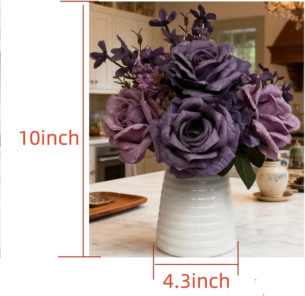Artificial Purple Rose Arrangement in White Ceramic Vase, 10 Inch Silk Flowers with Foliage, Modern Contemporary Floral Bouquet for Home, Office, Wedding Decor