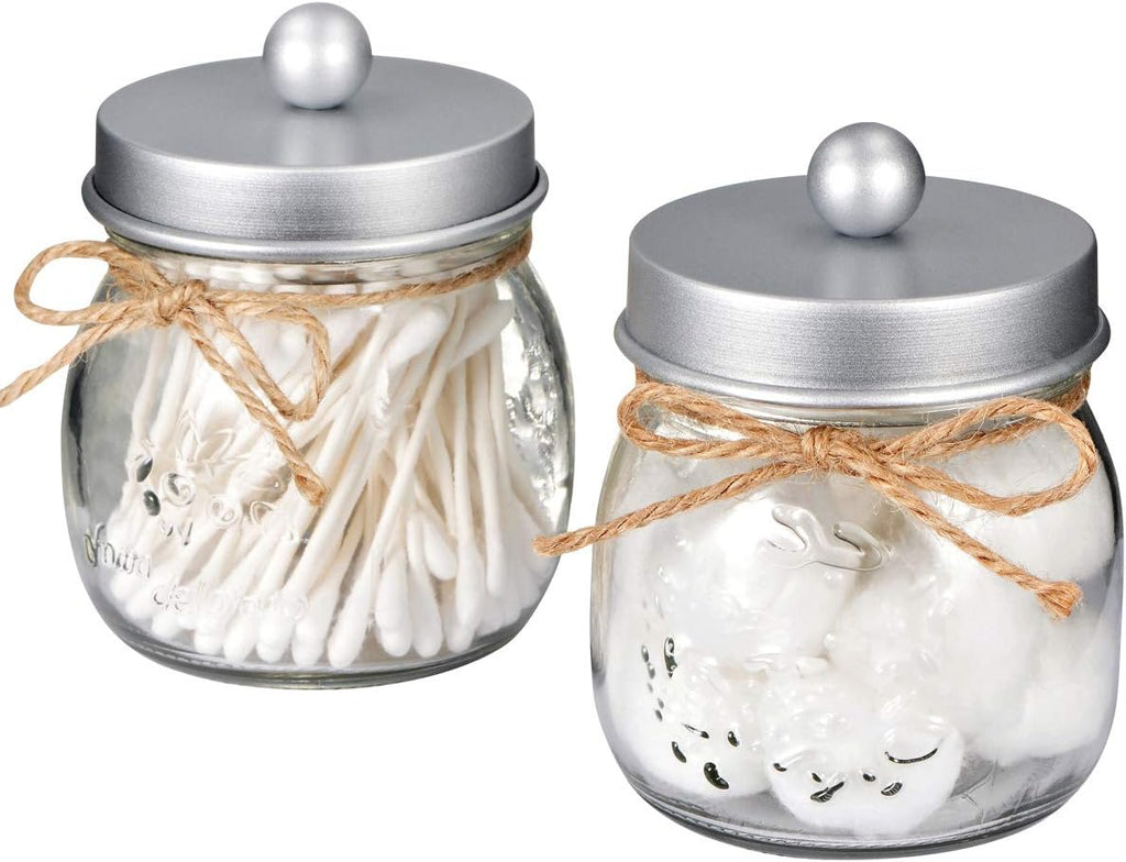 SheeChung 2 Pack Glass Mason Jar Qtip Holder Dispenser,Frosted Silver Lids