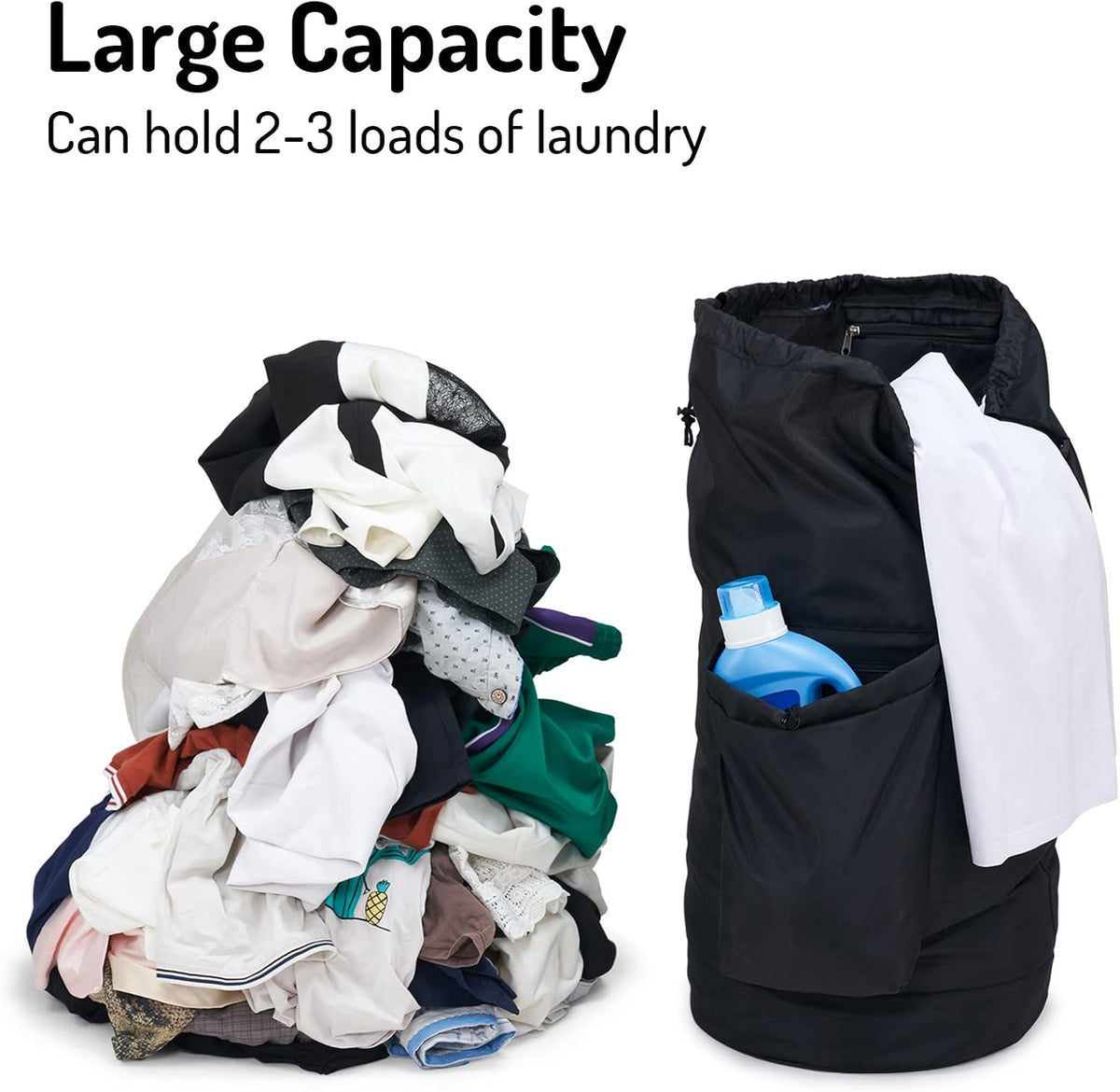 Seiritex Laundry Backpack Bag, Dirty Clothes Travel Laundry Bag with Shoulder Straps for College Dorm (Black)