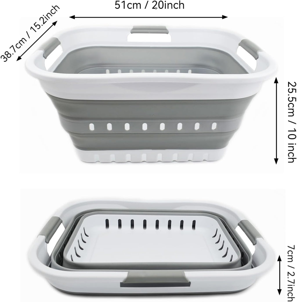 SAMMART 30L (8 gallon) Collapsible 3 Handled Plastic Laundry Basket - Foldable Pop Up Storage Container/Organizer - Space Saving Hamper/Basket (White/Grey)