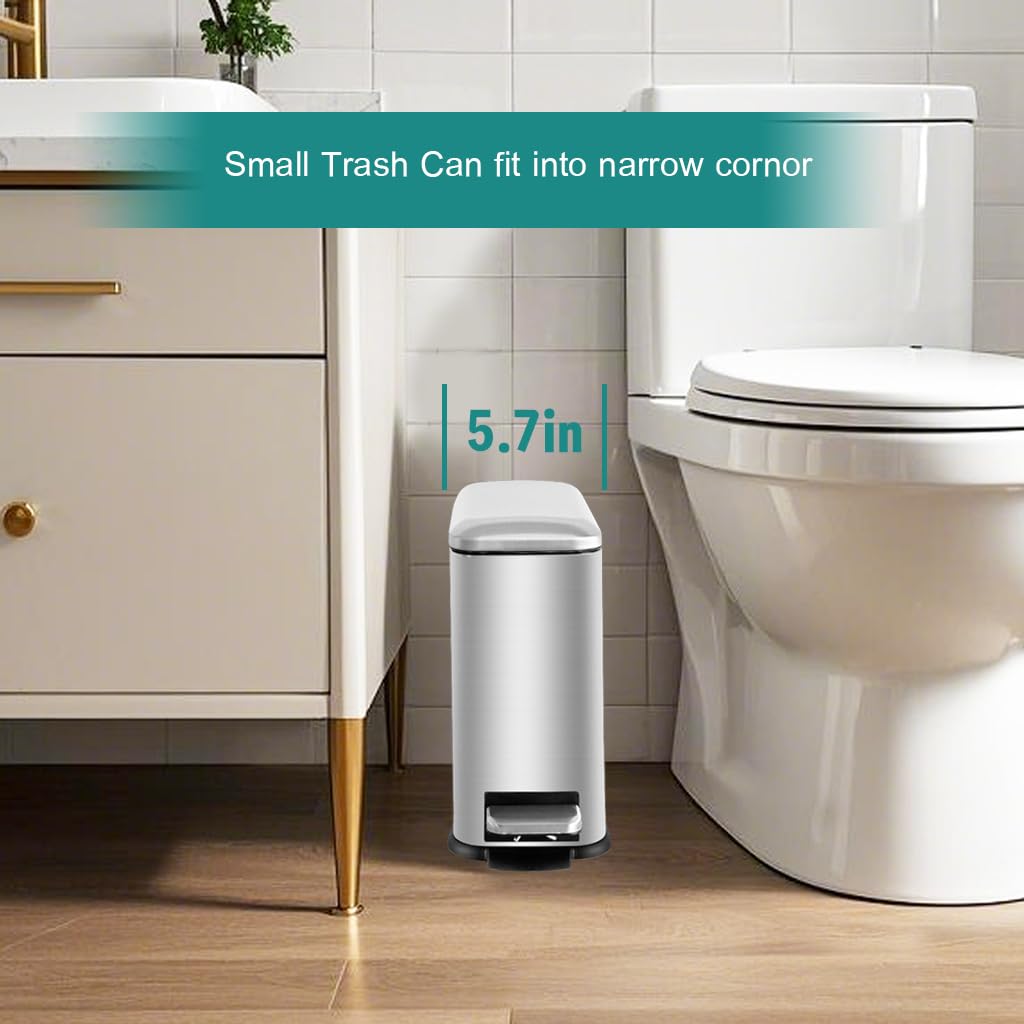 Small Bathroom Trash Can with Lid, Bedroom Trash Can, Silver