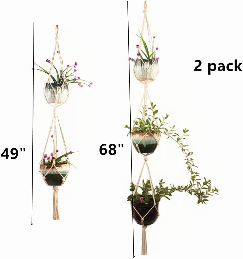 Plant Hanger, Double Plant Hanger Indoor Outdoor Hanging Planter,Hanging Plant Holder-Handmade Cotton Rope 4 Legs 2 Tier 49”3 Tier 68”(Supports 5 Flower Pots) 2 Pack