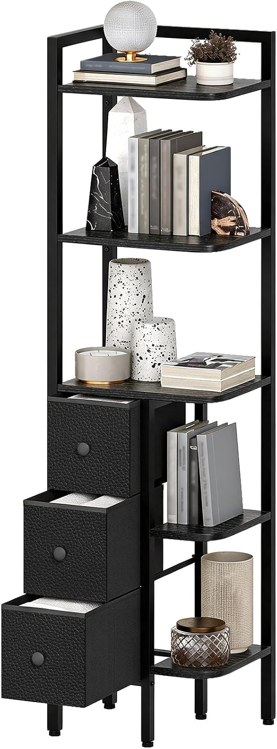 YATINEY 5-Tier Corner Shelf Stand, Corner Bookshelf with 3 Drawers, Black