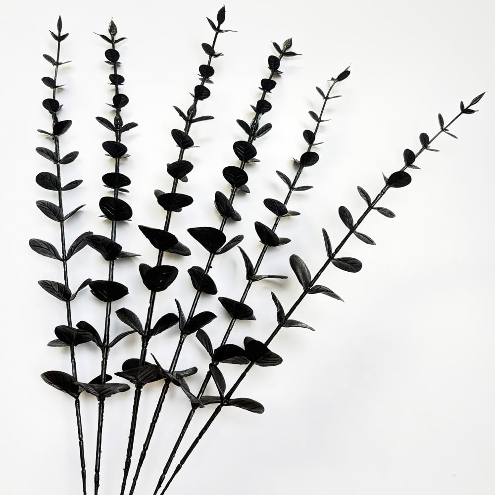 Sivya Artificial Eucalyptus Stems Real Touch Faux Eucalyptus Stems, Artificial Eucalyptus Leaves for Vase Wedding Bouquet Centerpiece Home Decor (Black, 6Pcs)